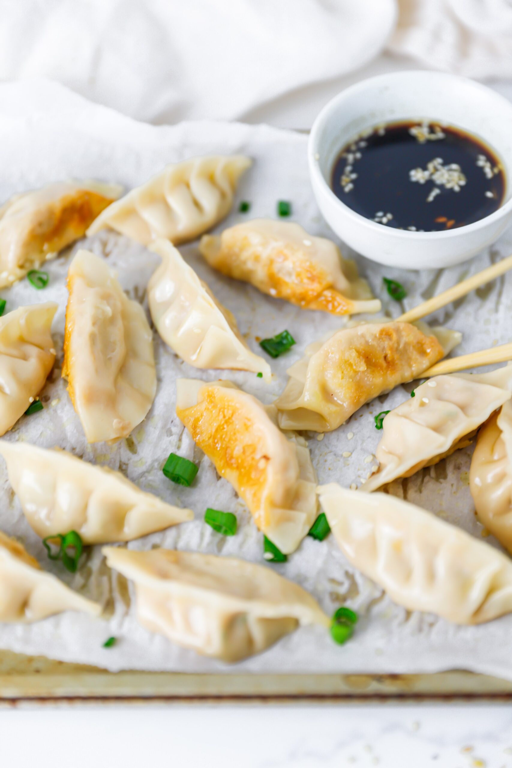 Homemade pork dumplings filled with napa cabbage, ginger, and garlic on parchment paper