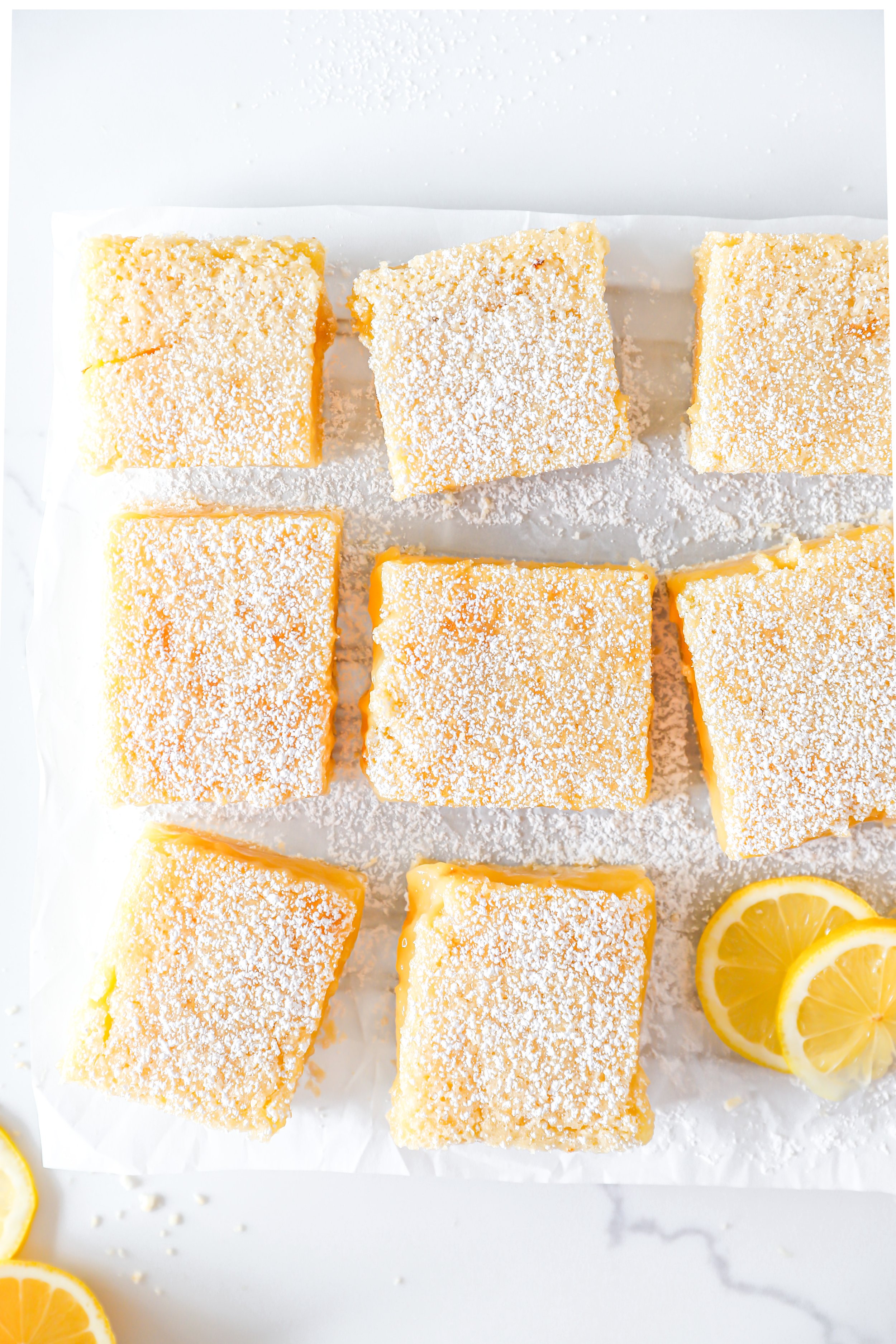 Cheryl’s famous lemon bars, freshly baked and cut into squares, ready to serve