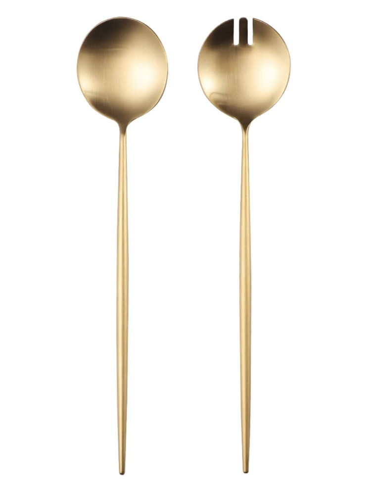 Gold stainless steel salad serving spoon and fork set.